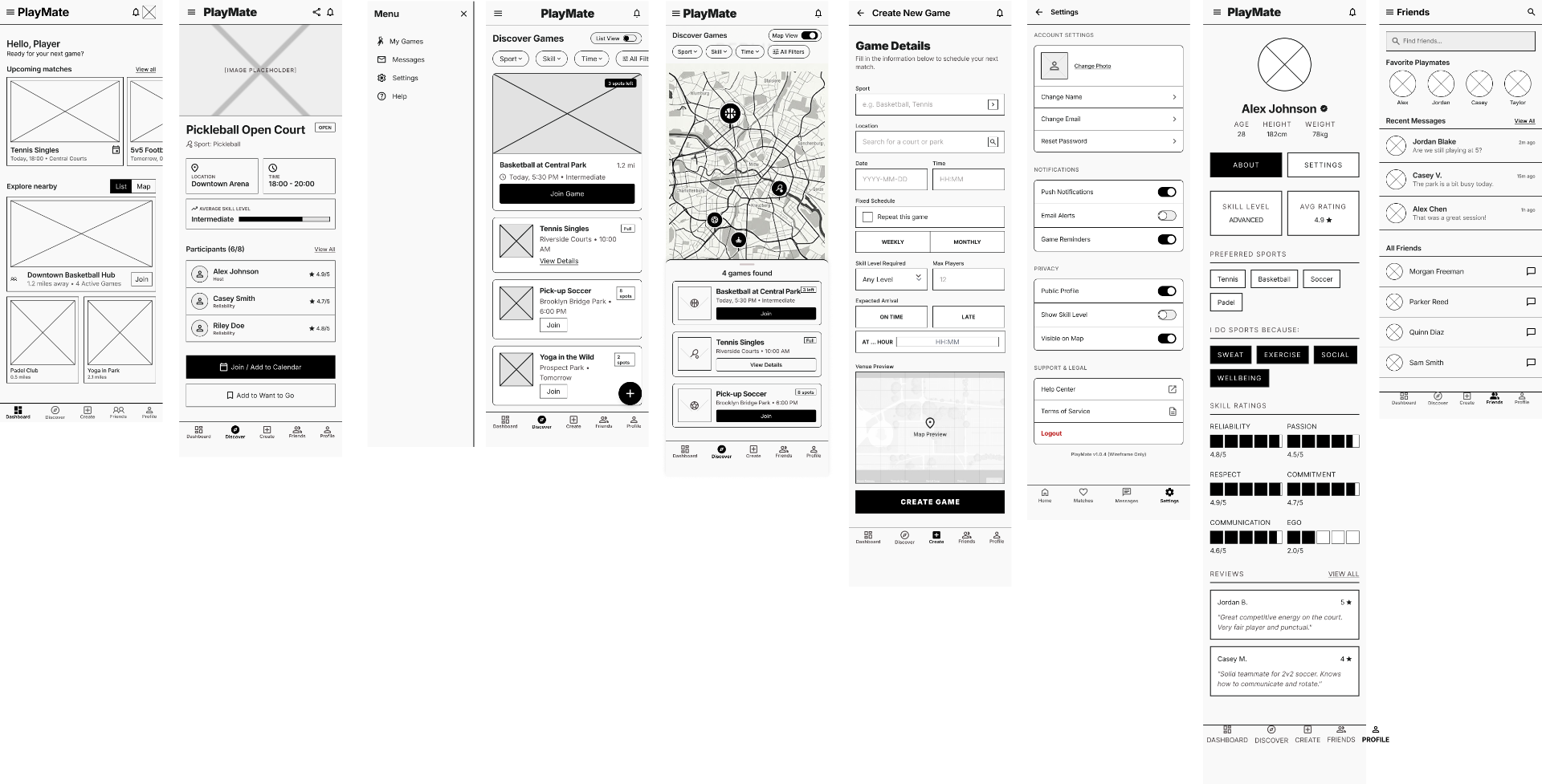 Low-fidelity wireframes for PlayMate screens
