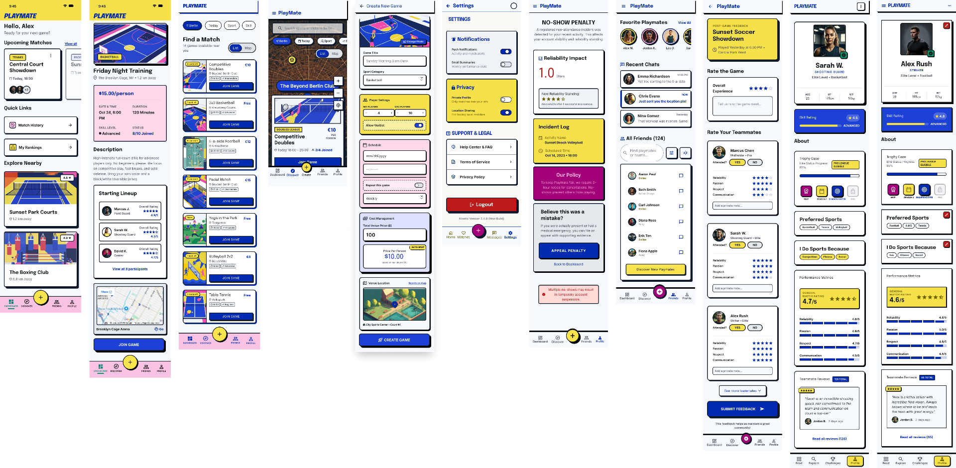 High-fidelity wireframes v1 for PlayMate screens