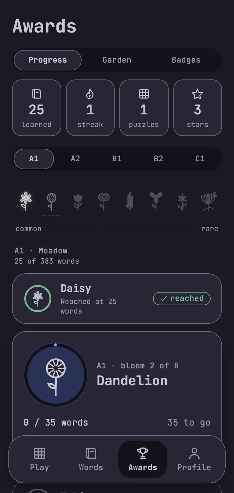 The awards screen in dark mode with the flowers from common to rare