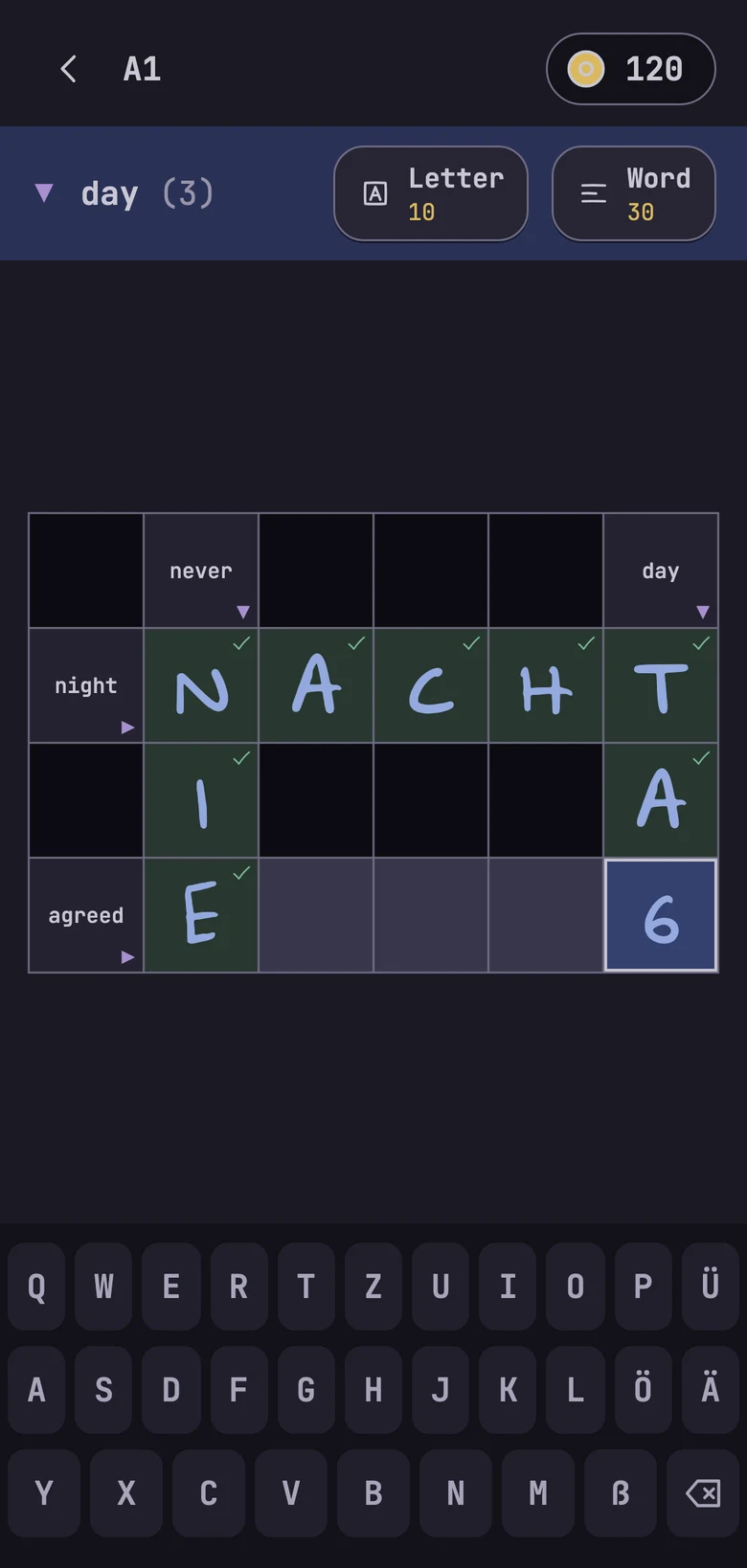 A crossword in dark mode with the word NACHT written in handwriting