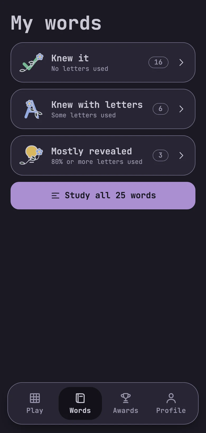 The word folders in dark mode: Knew it, Knew with letters and Mostly revealed