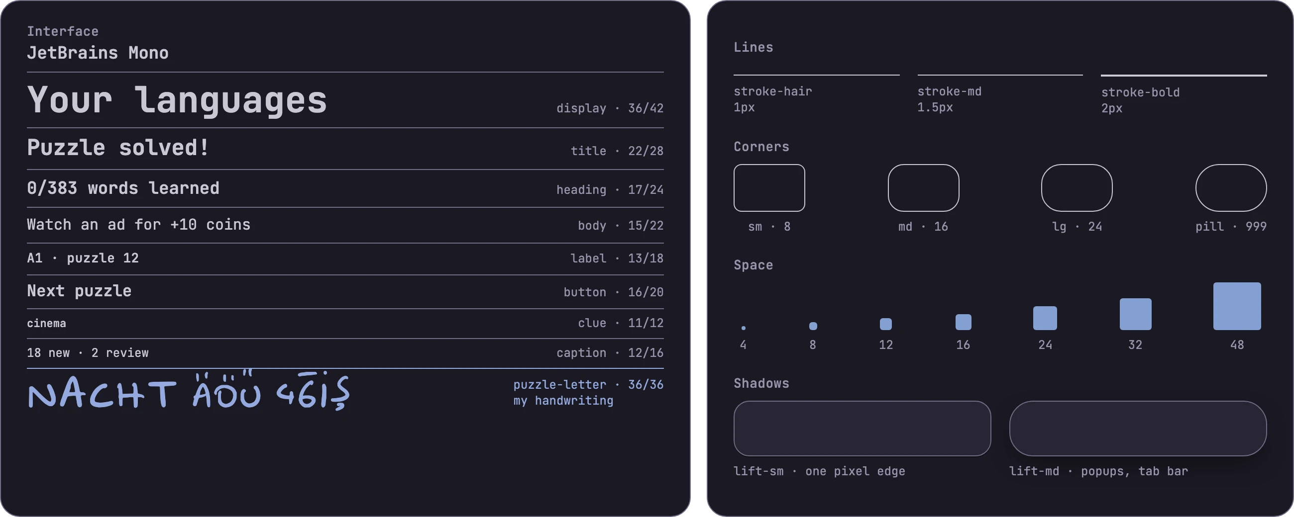 Chengel type styles in JetBrains Mono, the puzzle letter style in my handwriting, and lines, corners, space and shadows