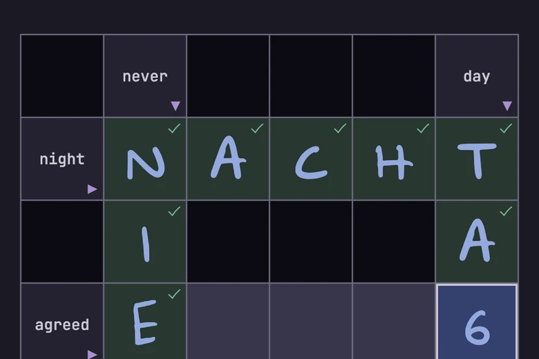 The crossword grid in dark mode with NACHT written in handwriting