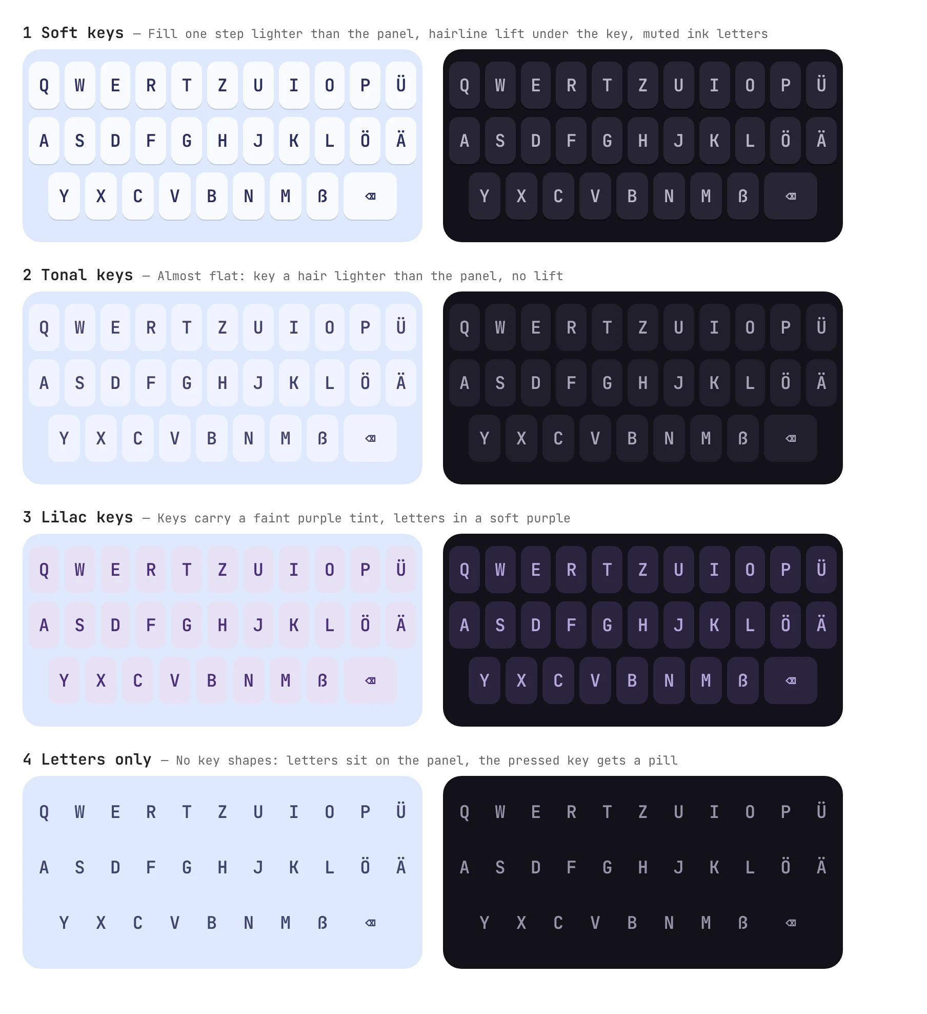 Four keyboard options in light and dark: soft keys, tonal keys, lilac keys and letters only. Tonal keys was chosen.