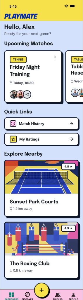 PlayMate — Home dashboard