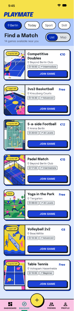 PlayMate — Find a match, list