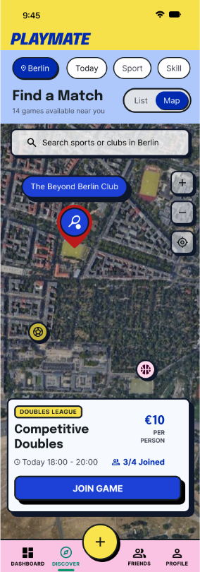 PlayMate — Find a match, map