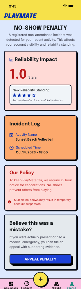 PlayMate — No-show penalty