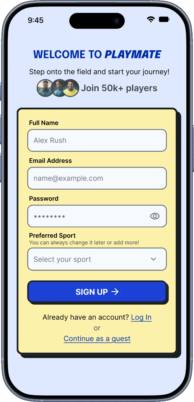PlayMate sign-up screen
