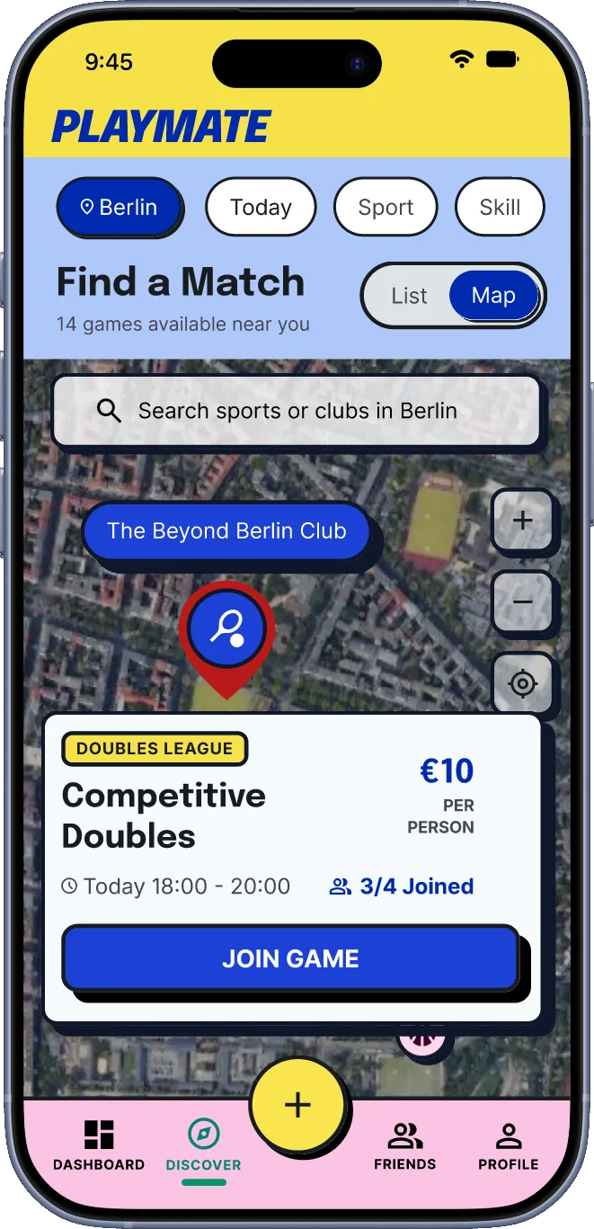 PlayMate discover screen with nearby games