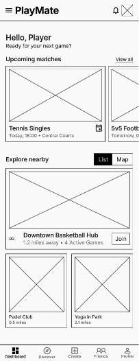 PlayMate low-fidelity wireframe 1