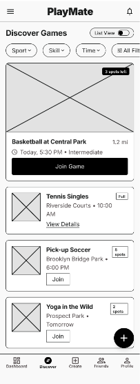 PlayMate low-fidelity wireframe 4