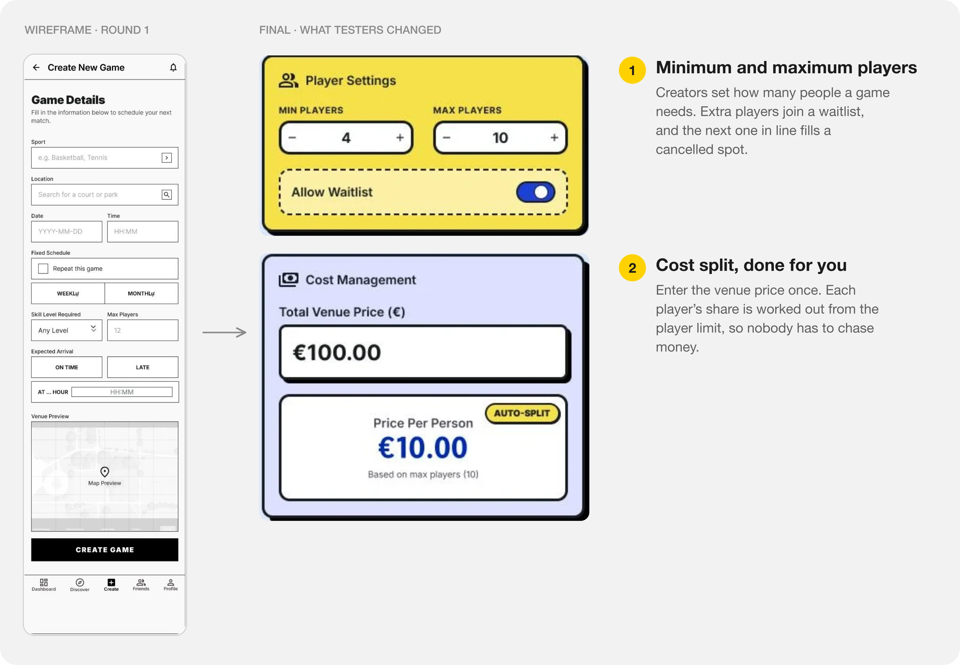 Create a game before and after testing round 1
